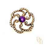 Antique 15ct Gold Amethyst & Pearl Art Nouveau Brooch