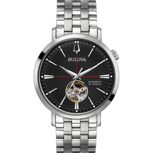 Gents Bulova Automatic Black Dial Steel Bracelet Watch 96A199 - Diana O'Mahony Jewellers