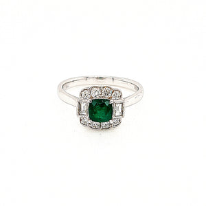 18ct White Gold Art Deco Style Emerald & Diamond Cluster Ring
