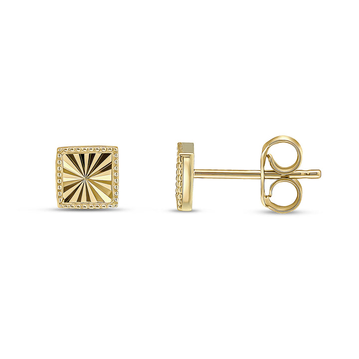 9ct Gold Diamond-cut Sunburst Square Stud Earrings