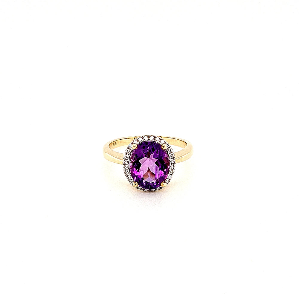 9ct Yellow Gold Oval-cut Amethyst & Diamond Cluster Ring