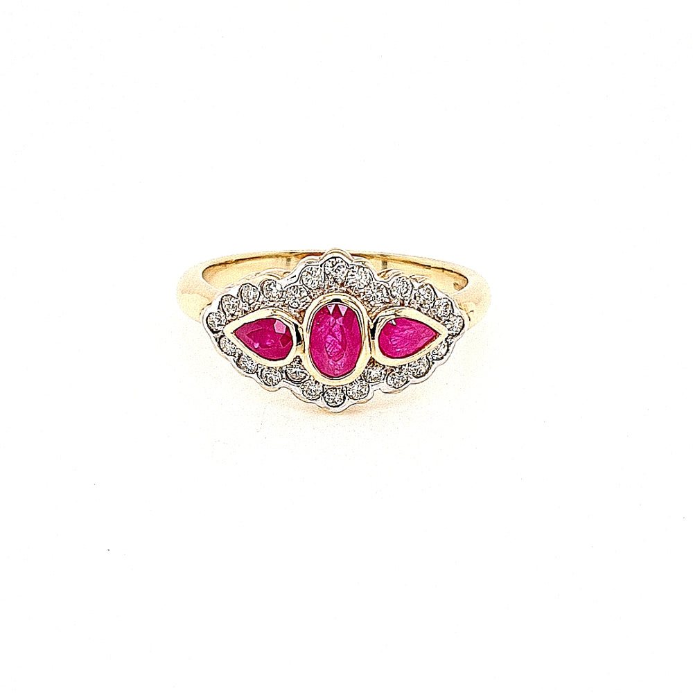 Antique Style Ruby Three Stone Diamond Cluster Ring