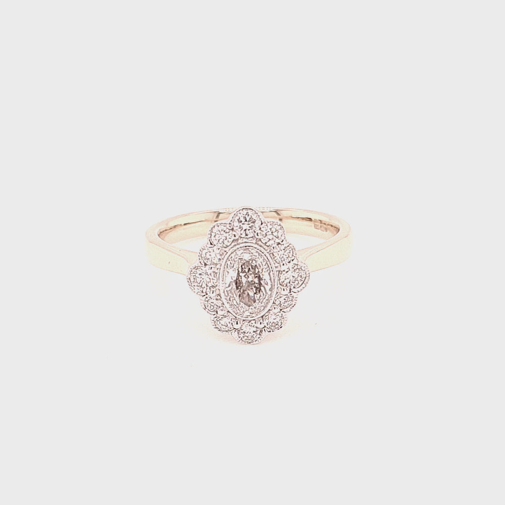 
                
                    Load and play video in Gallery viewer, 18ct Gold Vintage Style Oval Diamond Daisy Cluster- 0.97ct
                
            