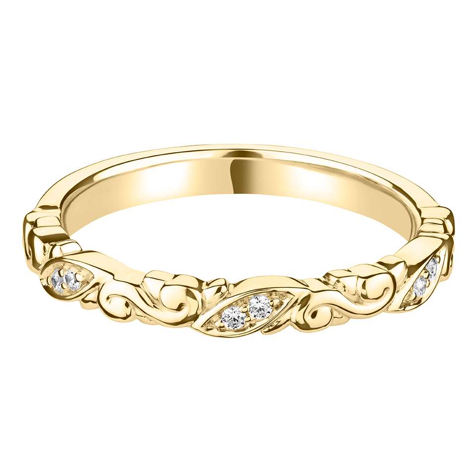18ct Yellow Gold Vintage Style Carved Design Diamond Wedding Band