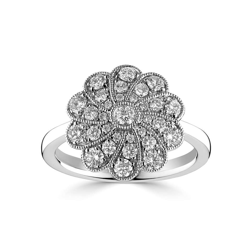 
                
                    Load image into Gallery viewer, Vintage Style Platinum Diamond Daisy Cluster Ring
                
            