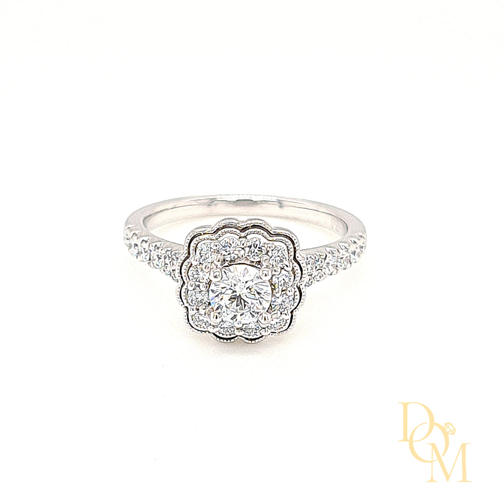 18ct White Gold Vintage Style Halo Cluster Diamond Engagement Ring- 0.86ct