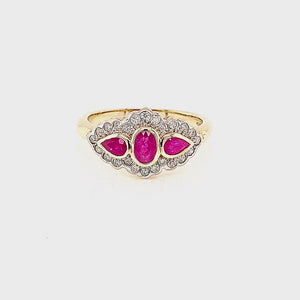 
                
                    Load and play video in Gallery viewer, Antique Style Ruby Three Stone Diamond Cluster Ring
                
            