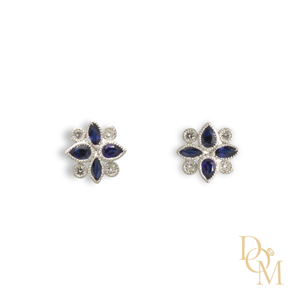 9ct White Gold Vintage Style Sapphire & Diamond Cluster Earrings