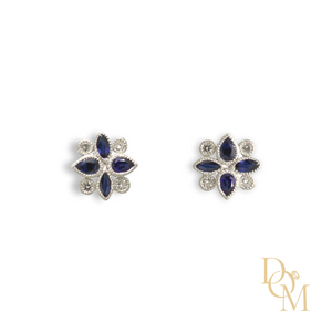 9ct White Gold Vintage Style Sapphire & Diamond Cluster Earrings