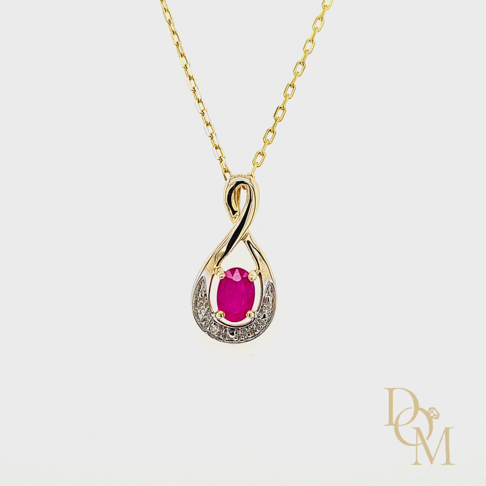 
                
                    Load and play video in Gallery viewer, 9ct Yellow Gold Oval Ruby &amp;amp; Diamond Twist Pendant
                
            