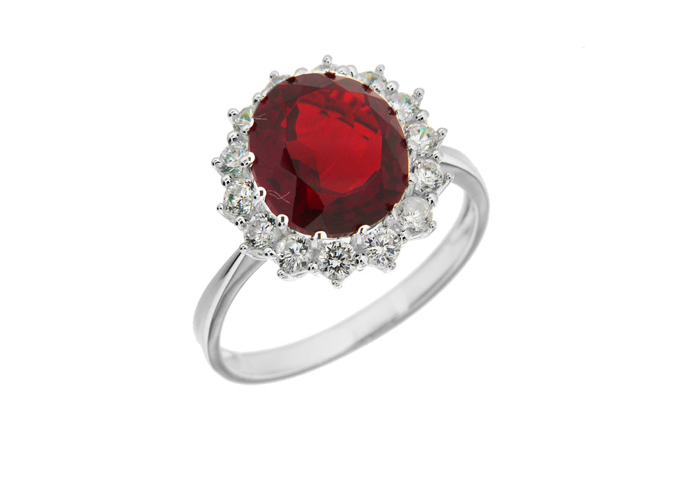Sterling Silver Oval Ruby Red CZ Cluster Ring - Diana O'Mahony Jewellers